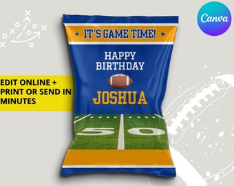 Rams Blue & Yellow Los Angeles Football Team Birthday Party Printable Chip Bag Label Wrapper - EDITABLE with Canva