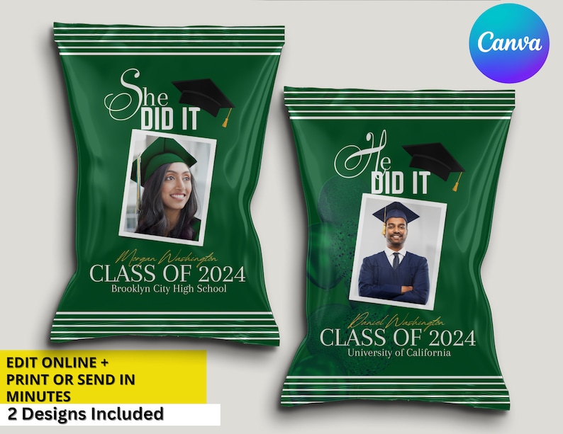 Editable Green & White Graduation Chip Bag Label, Printable Grad Chip ...