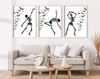 Printable Dancing Skeletons Wall Art Set, Halloween Wall Art, Trendy Minimalist Art Dorm Wall Decor Gallery, Trendy Fall Print Posters