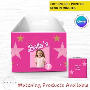 Editable Birthday Party Printable Gable Treat Box Label | Pink & White Party Favor Thank You Treat Box Stickers Glitter Stars