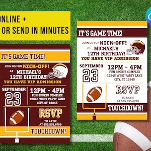 May include: A brown and yellow football-themed birthday invitation with a football helmet graphic and the text "It's Game Time! Join us for Kick-Off! At Michael's 12th Birthday! You Have VIP Admission. September 23, 12PM - 4PM Fun Sports Complex 12345 West Party Lane City, ST 12345 RSVP To Katie At 555.555.6789 Touchdown!"