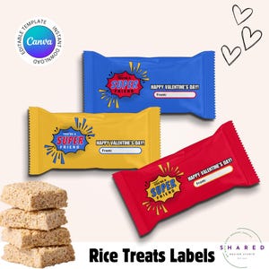 Editable Valentine&#39;s Day Rice Crispy Treat Labels, Printable Superhero Labels, Boy Classroom Gift, Children&#39;s party, Kids Vday Party Favor