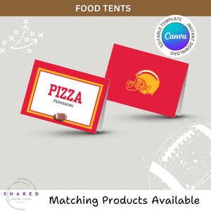 Red & Gold Colors Kansas City Football Team Birthday Party Printable Food Tent Signs, Editable Food Menu Signs, Buffet Food Labels