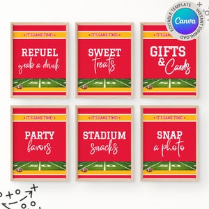 Red & Gold Colors Kansas City Football Team Birthday Party Printable Table Signs, Editable Party Treat Signs, 7 Event Tabletop Signs
