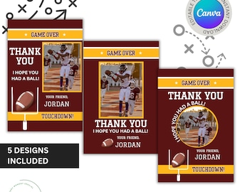 Maroon & Gold Colors Washington Football Team Birthday Party Printable Thank You Cards, Editable Party Card Tags, Party Favor Cards