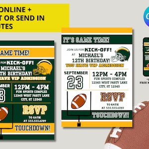 Editable Green & Yellow Colors Green Bay Football Team Birthday Party Printable Invitation - EDIT YOURSELF with Canva