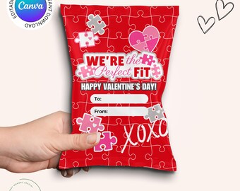Red Valentine's Day Chip Bag Label, Printable Puzzle Chip Labels, We're the Perfect Fit Chip Bag Wrapper, Vday Party Favor Treat