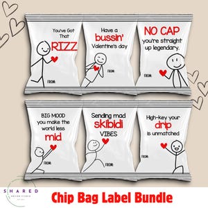 Étiquettes de sac à chips d'argot pour la Saint-Valentin, cadeau de classe imprimable drôle, Skibidi Rizz Sigma Vibes Cool Teen Tween School Vday, cadeau pour garçons