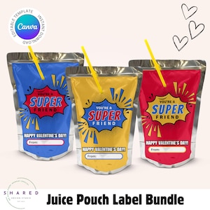 Editable Valentine's Day Juice Pouch Labels, Printable Super Hero Labels, Boy Classroom Gift Juice Pouch Sticker, Kids Vday Party Favor