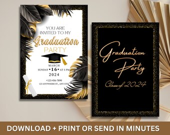 Bearbeitbare Abschlusseinladung in Schwarz und Gold, druckbare Einladung zur Abschlussfeier, anpassbare Abschlusseinladung, BEARBEITEN mit Canva