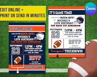 Blå och orange färger Denver fotbollslag födelsedagsfest utskrivbar Chicago Football inbjudan - REDIGERINGSBAR med Canva