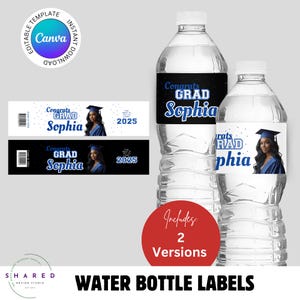 Bewerkbaar blauw, wit en zwart afstuderen waterflesetiket, afdrukbare Congrats Grad waterflesverpakking, aanpasbare foto feestgunst
