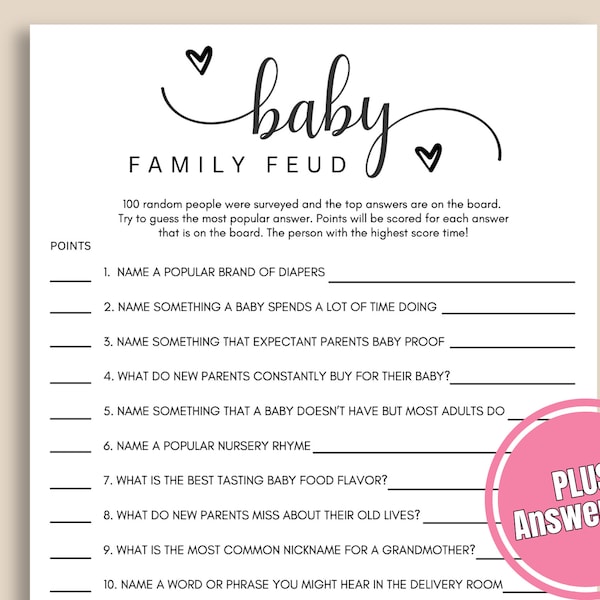 Minimalist Baby Shower Family Feud Hearts | Baby Shower Games Girl | Baby Family Feud Game | Baby Shower with Hearts | Editable Template