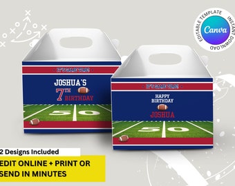 Blue & Red Colors New England Football Team Birthday Party Printable Treat Box Label, Editable Gable Treat Box Party Favor Sticker