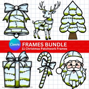 May include: A collection of Christmas-themed patchwork frames, including a bell, reindeer, Christmas tree, gift box, candy cane, and Santa Claus. The frames have a stitched design with green and blue fill, and the text "FRAMES BUNDLE" and "11 Christmas Patchwork Frames" is displayed.