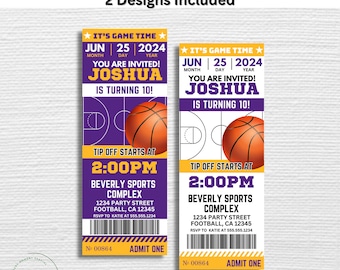 Purple & Gold Los Angeles Basketball Team Birthday Party Printable Ticket Invitation - EDIT YOURSELF with Canva
