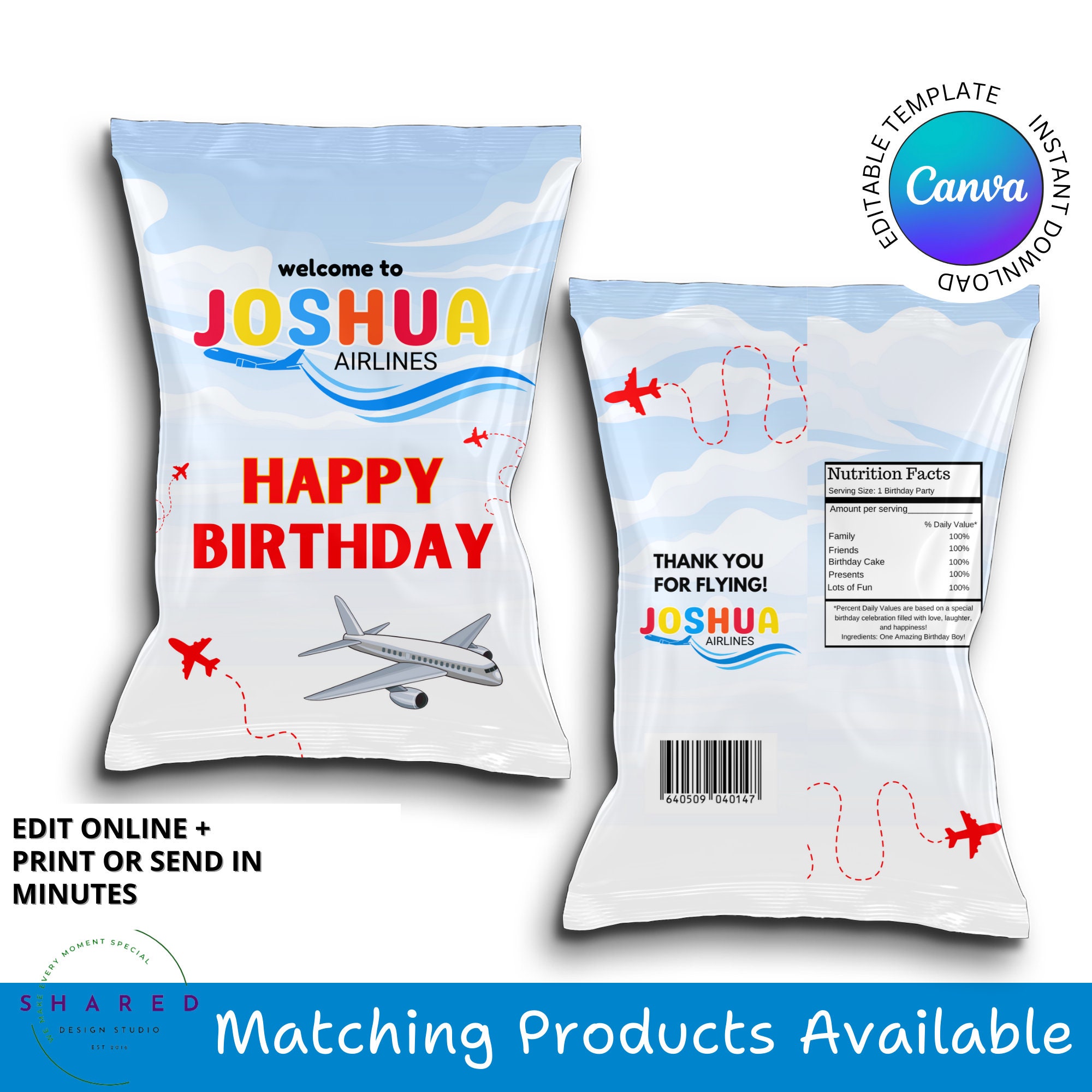 Editable Airplane Airlines Birthday Chip Bag Label Wrapper Blue Skies ...