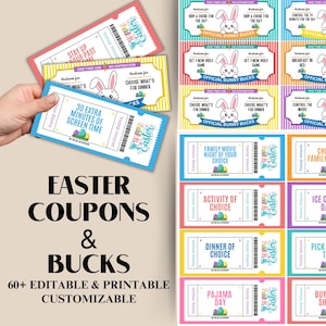 Puede incluir: Un conjunto de cupones y billetes de conejito de Pascua imprimibles. Los cupones son coloridos y presentan una variedad de actividades, como tiempo de pantalla adicional, elegir qué cenar y una noche de cine familiar. Los billetes de conejito también son coloridos y presentan un conejito con el texto "Feliz Pascua".