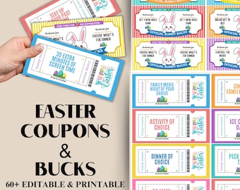 Cupones de Conejo de Pascua, cupones editables de Bunny Bucks, regalos de Pascua para niños, libro de cupones imprimible y personalizado, cestas de regalo de Pascua para adolescentes.