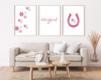 Printable Cowgirl Wall Art Set, Western Horseshoe Wall Art, Trendy Pink Dorm Wall Decor Gallery, Trendy Floral Pearl Print Posters