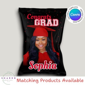 Étiquette modifiable de sac de chips rouge, blanc et noir, emballage de sac de chips imprimable félicitations, cadeau de remise des diplômes personnalisable