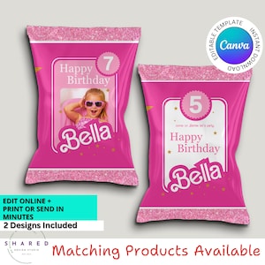 May include: Two pink and gold chip bag designs for a birthday party. The bags feature a photo frame, the name "Bella", a star design, and the text "Happy Birthday". One bag has the number "7" and the other has the number "5".