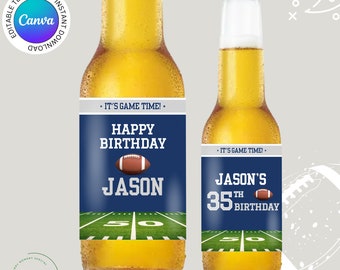 Blue & Silver Colors Dallas Football Team Birthday Party Printable beer bottle Label Wrapper - EDITABLE with Canva