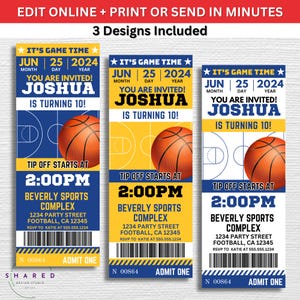 May include: Three printable ticket invitations for a basketball-themed birthday party. The invitations are blue, yellow, and white with a basketball graphic and the text "It's Game Time!"  "Jun 25 2024" "You are invited! Joshua is turning 10!" "Tip off starts at 2:00PM" "Beverly Sports Complex 1234 Party Street Football, CA 12345 RSVP to Katie at 555.555.1234" "N 00864 Admit One"