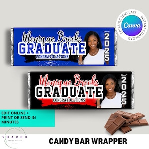 May include: Two candy bar wrappers with a graduation theme. One is blue with white text that reads "Monique Brooks GRADUATE CONGRATULATIONS" and a photo of a woman. The other is black with red text and the same design. The text "Class of 2025" is also present.