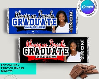 May include: Two candy bar wrappers with a graduation theme. One is blue with white text that reads "Monique Brooks GRADUATE CONGRATULATIONS" and a photo of a woman. The other is black with red text and the same design. The text "Class of 2025" is also present.