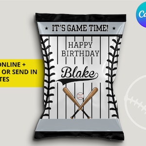 Black Silver & White Chicago Baseball Team Geburtstagsparty druckbare Chip Tasche Label Wrapper - EDITIERBAR mit Canva