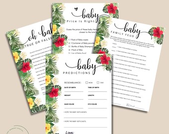 Aloha Baby Shower 4 Game Bundle Price Feud Trivia Baby Predictions | Hawaiian Tropical Baby Shower Editable Template