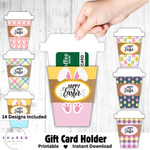 Porta-cartão-presente de xícara de café de Páscoa com capa, pacote de porta-cartão-presente de coelho da Páscoa, porta-cartão-presente de café para impressão, ovo de Páscoa colorido