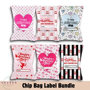 May include: A set of six printable Valentine's Day chip bag labels. The labels feature different designs with hearts, cherries, and the text "Happy Valentine's Day".