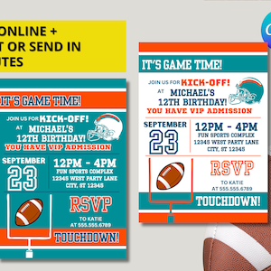 Türkis & Orange Farben Miami Football Team Geburtstagsparty druckbare Einladung - EDITIERBAR mit Canva