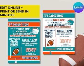 Turquoise & Orange Colors Miami Football Team Birthday Party Printable Invitation - EDITABLE with Canva