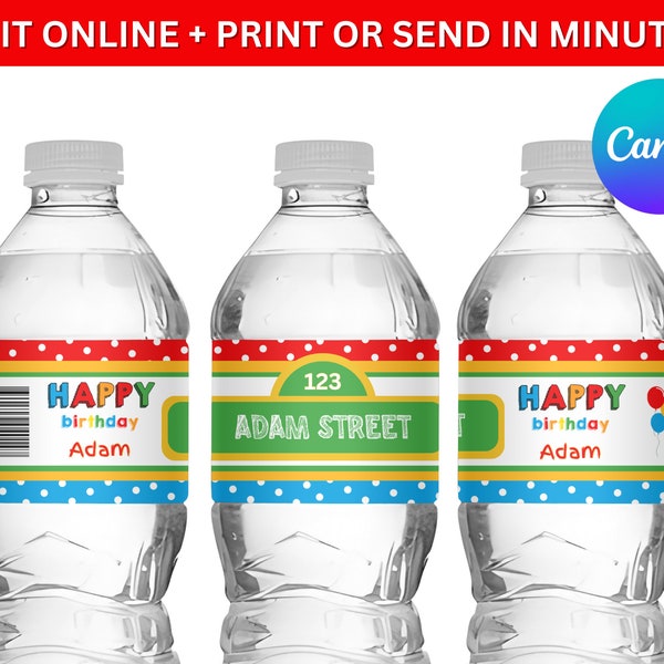 Editable Kids Primary Colors Sesame Street Birthday Party Printable Water Bottle Label | Party Favor Water Bottle Wrapper - EDIT with Canva