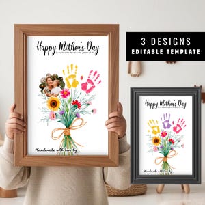 Bearbeitbare Muttertags-Handabdruckkunst, druckbares Handfarbengeschenk von Kindern, personalisierte Studentenkunst für Mütter benutzerdefiniertes Blumenstraußhandwerk