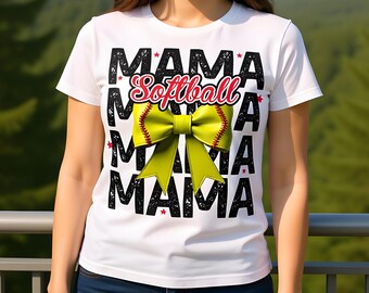 May include: White t-shirt with the word "MAMA" repeated vertically, and a yellow bow with a softball design. The word "Softball" is in red script. Red stars are scattered around the text.