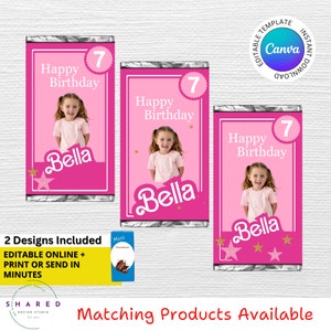 May include: Two designs for printable chocolate bar wrappers featuring a pink background with gold stars, a girl's photo, and the text "Happy Birthday Bella 7".