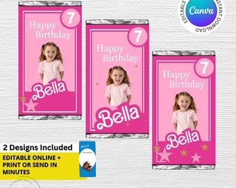 Editable Pink Birthday Party Printable Mini Chocolate Candy Bar Labels | Party Favor Mini Candy Bar Wrapper - EDIT with Canva
