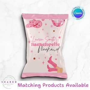 Let's Go Girl Nashville Bachelorette Chip Bag Label, Sombrero de vaquera rosa editable y botas Chip Bag Wrapper, Bachelorette Party Favor