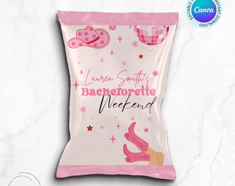Let's Go Girl Nashville Bachelorette Chip Bag Label, Editable Pink Cowgirl Hat & Boots Chip Bag Wrapper, Bachelorette Party Favor