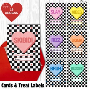 Jargon Valentijnsdagkaarten voor kinderen, grappig afdrukbaar klascadeau, Skibidi Rizz Sigma Vibes Teen Boys School Vday Candy Hearts Treat-labels