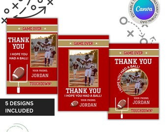 Red & Gold Colors San Francisco Football Team Birthday Party Printable Thank You Cards, Editable Party Card Tags, Party Favor Cards