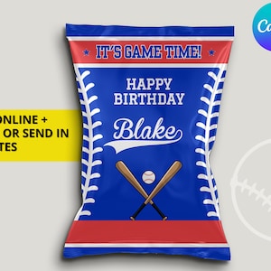 Blau & Rot Los Angeles Baseball Team Geburtstagsparty druckbare Chip Tasche Label Wrapper - EDITIERBAR mit Canva
