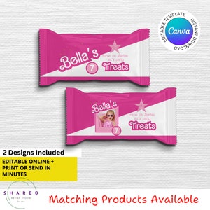 Editable Birthday Party Printable Rice Krispy Treat Label | Pink & White Party Favor Rice Krispy Wrapper - EDIT with Canva