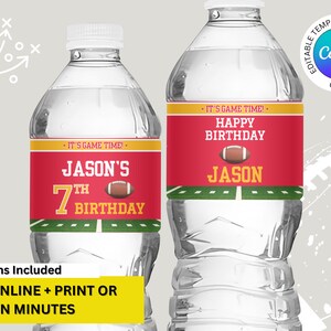 Chiefs Red & Gold Kansas City Football Team Birthday Party Printable water bottle Label, editable Chiefs birthday party water bottle Wrapper, Kansas City Chiefs party, birthday party water bottle label, football water bottle label