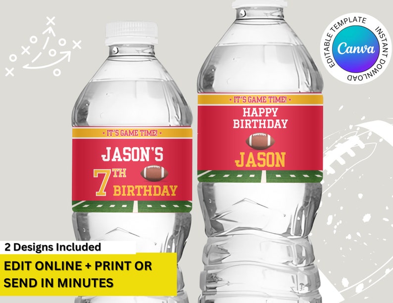 Chiefs Red & Gold Kansas City Football Team Birthday Party Printable water bottle Label, editable Chiefs birthday party water bottle Wrapper, Kansas City Chiefs party, birthday party water bottle label, football water bottle label
