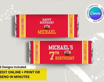 Red & Gold Colors Kansas City Football Team Birthday Party Printable Candy Bar Label Wrapper - EDITABLE with Canva